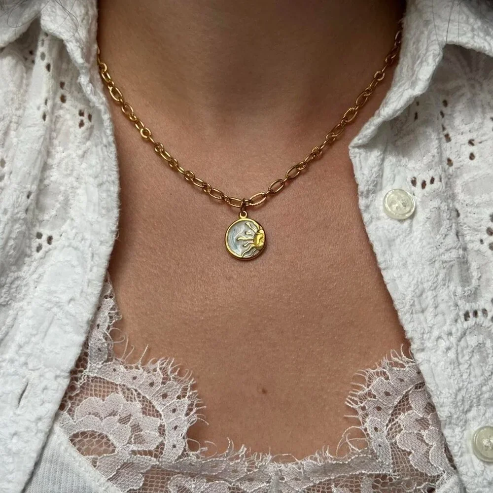 Sku 0437 vintage gold chain necklace With moon stone pendant sun stainless steel - Picture 5 of 7
